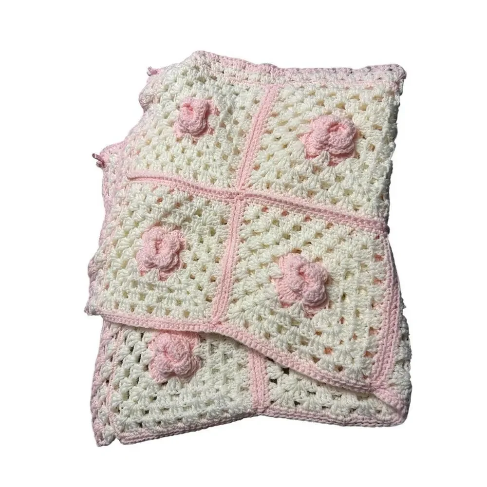 Handmade Crochet Blanket – 42” x 42” – Pink‎ & White – Excellent Condition